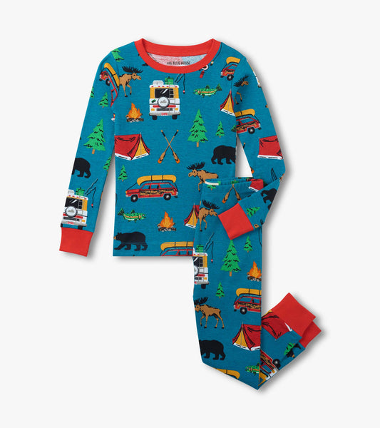 Kids blue long-sleeve pajama set with camping print, red trim, and matching pants, front view