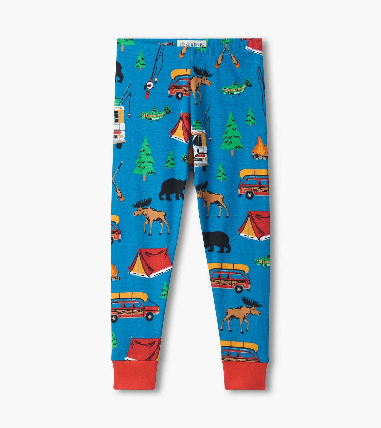 Kids blue pajama pants with camping print of tents, trees, moose, bears, fish, and red cuffs