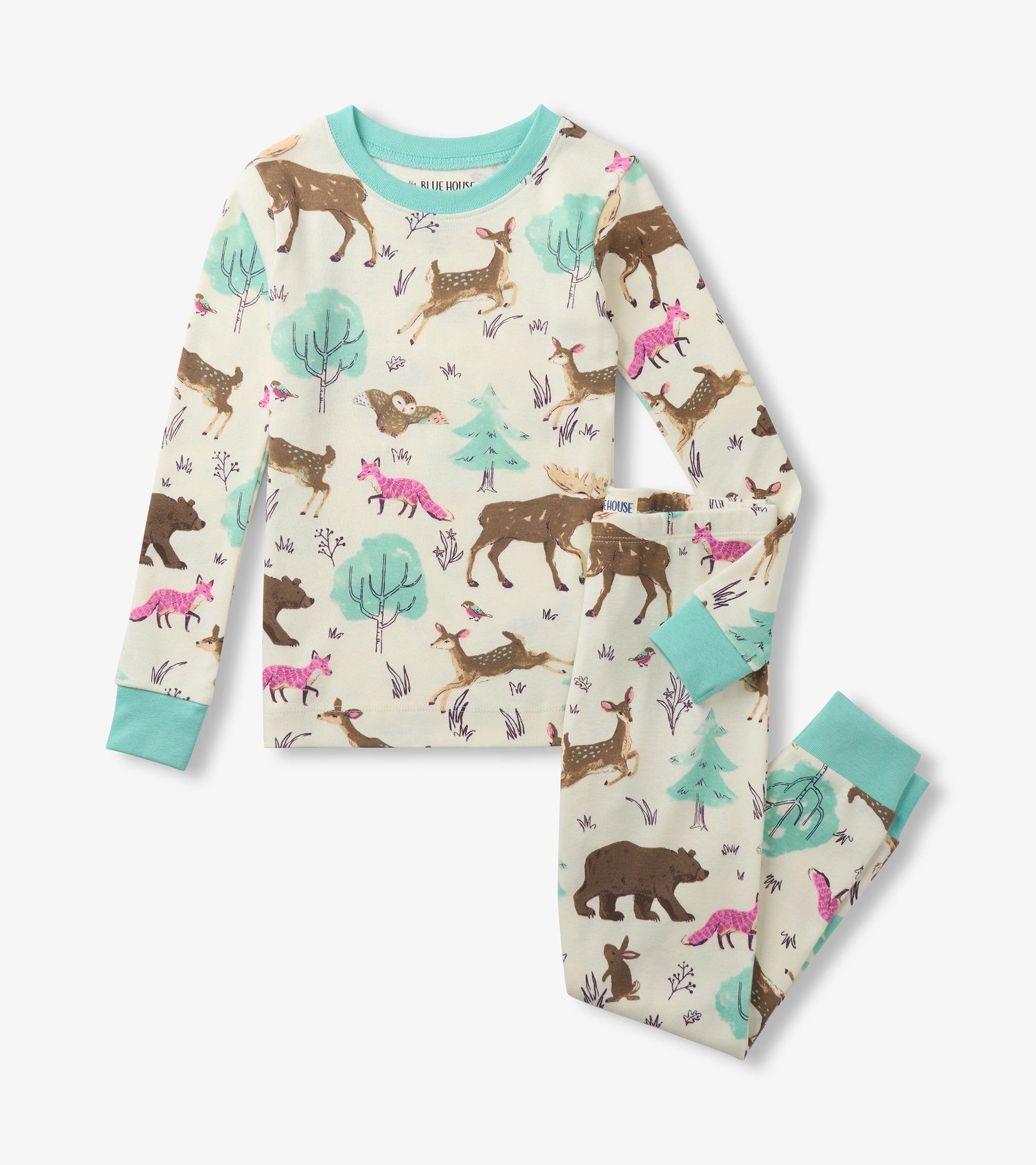Girls forest animals pajama set with cream print, aqua trim, and deer, fox, bear, moose, owl, rabbit and trees