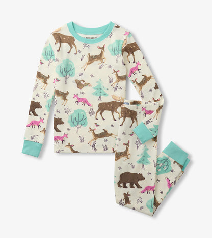 Girls forest animals pajama set with cream print, aqua trim, and deer, fox, bear, moose, owl, rabbit and trees