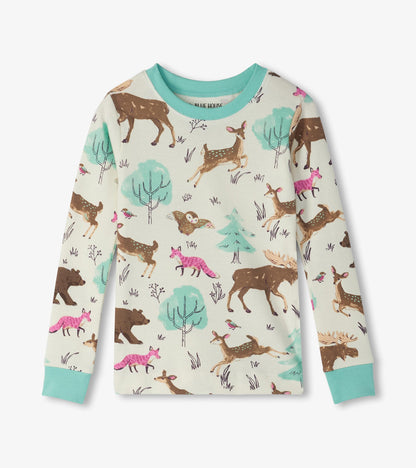 Girls pajama top with aqua neck and cuffs, covered in deer, fox, bear, moose, owl and tree print