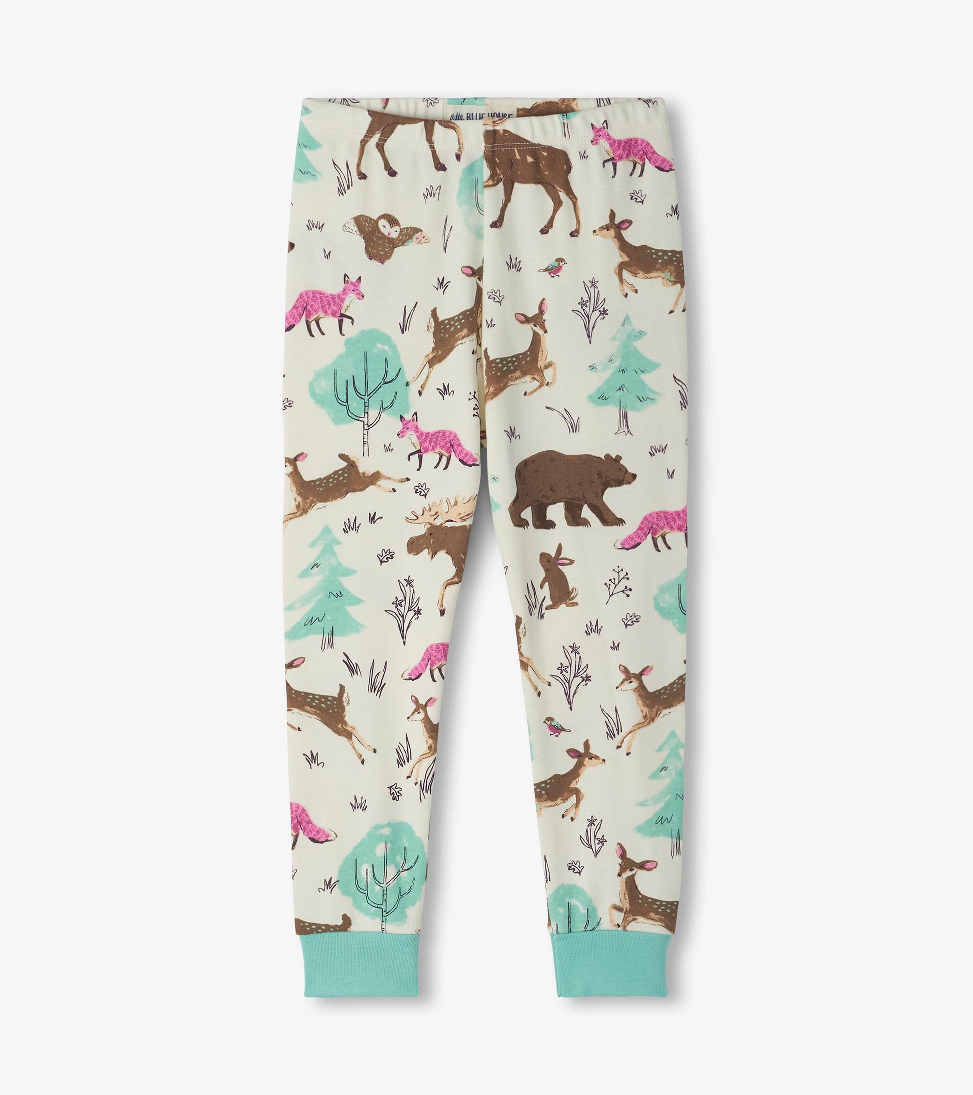 Girls pajama pants with aqua cuffs and cream forest animal print featuring deer, fox, bear, owl and trees