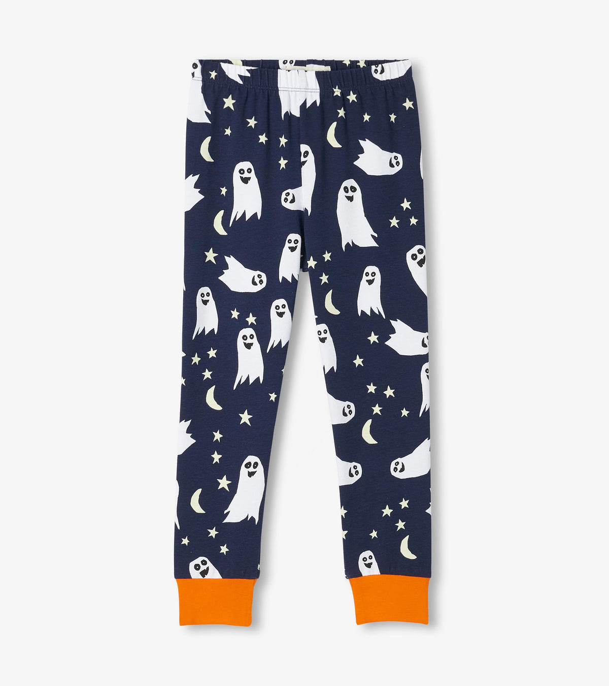 Kids ghost-print pajama pants in navy with white ghosts, stars, moons, and orange ankle cuffs
