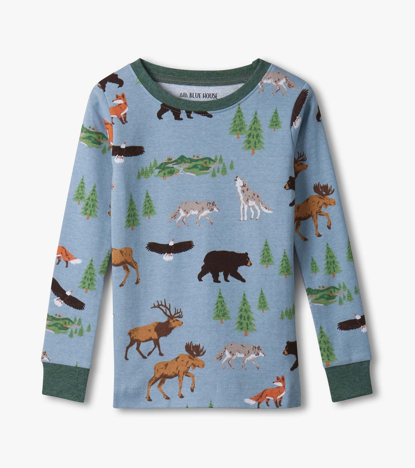 Kids long-sleeve pajama top in light blue with forest animals, trees, and dark green trim