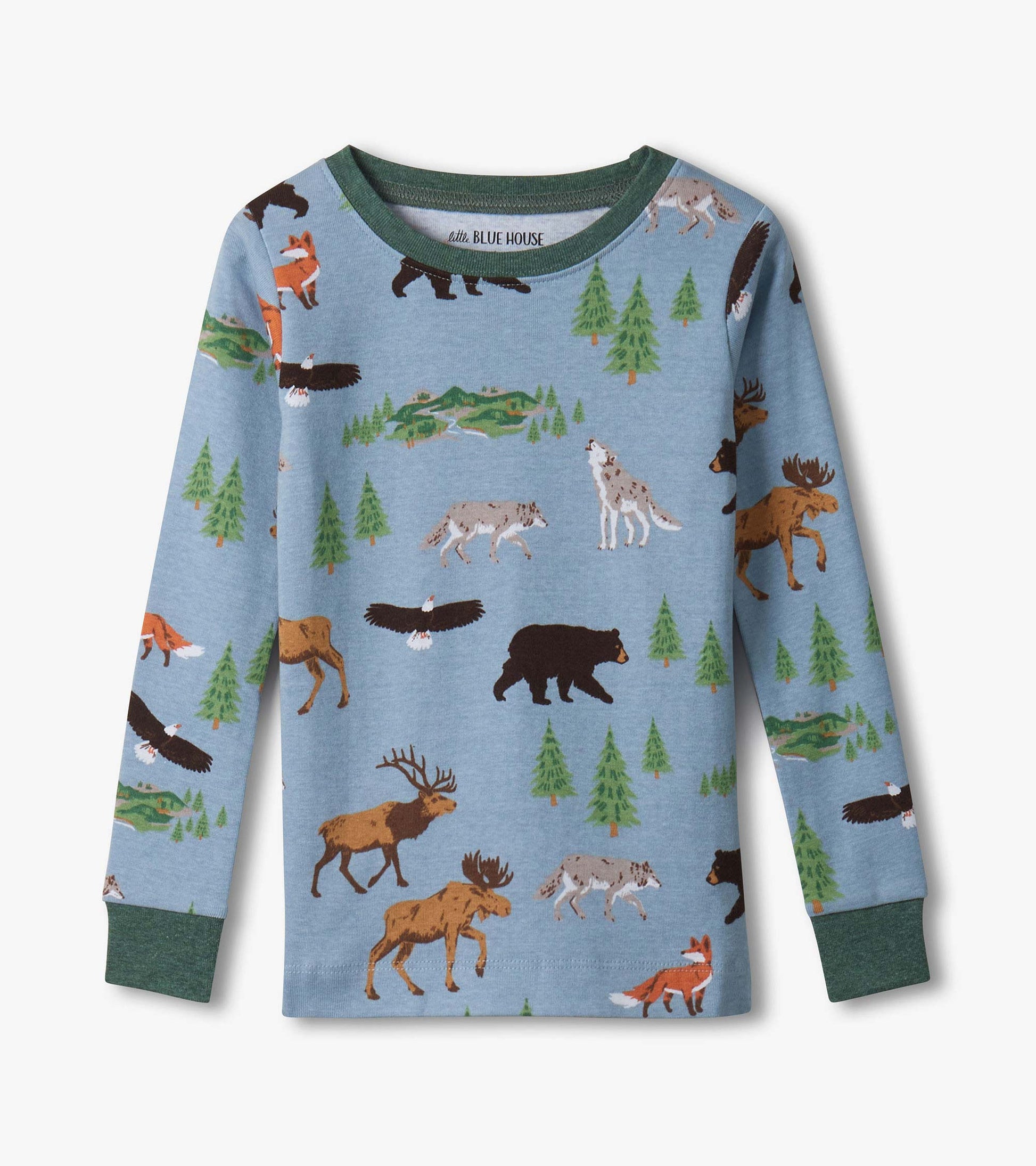 Kids long-sleeve pajama top in light blue with forest animals, trees, and dark green trim