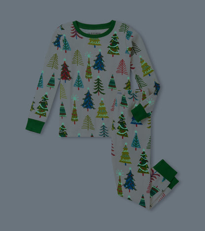 Gray pajama set featuring colorful Christmas tree patterns, with green cuffs and neckline, suitable for kids.
