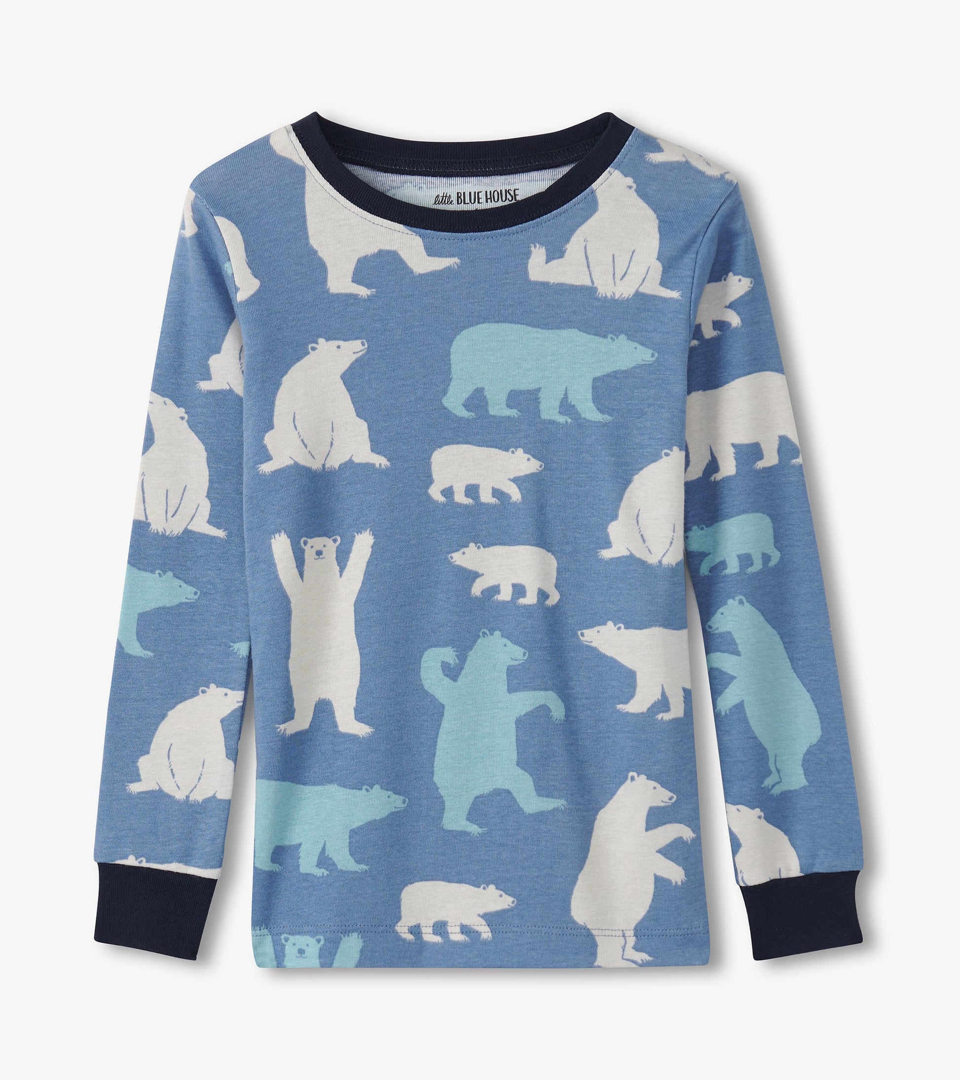 Blue pajama top featuring various polar bear illustrations in white and light blue on a soft fabric.