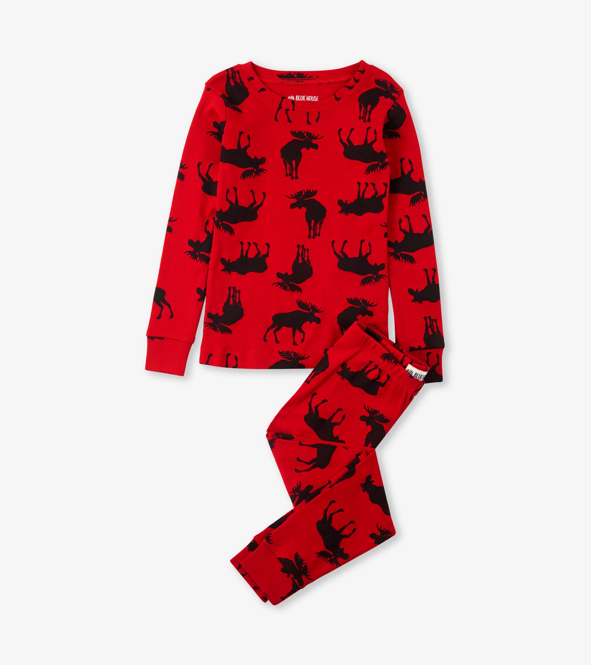 Red kids' pajama set featuring a moose pattern, includes a long-sleeve top and matching pants.