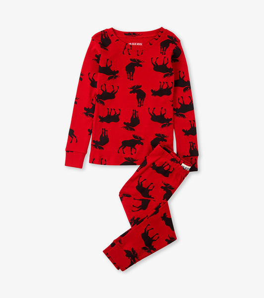 Red kids' pajama set featuring a moose pattern, includes a long-sleeve top and matching pants.