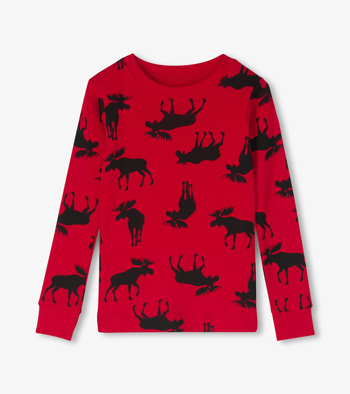 Red long sleeve kids pajama top with black moose print and ribbed cuffs