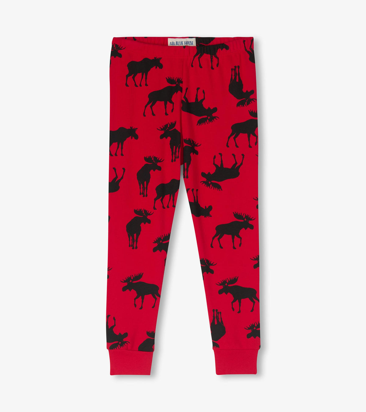 Red kids pajama pants with black moose print and cuffed ankles