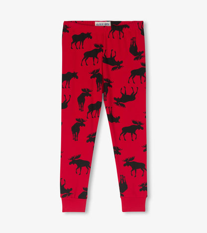 Red kids pajama pants with black moose print and cuffed ankles