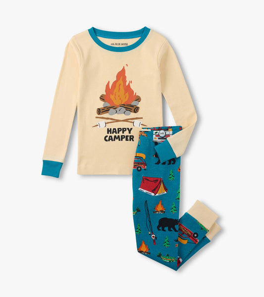 Kids cream long-sleeve pajama top with campfire graphic and blue printed pants with camping motifs, front view