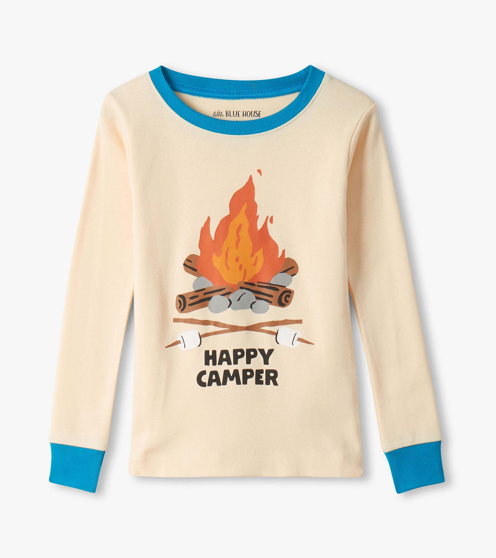 Cream kids pajama top with blue trim and campfire graphic reading Happy Camper