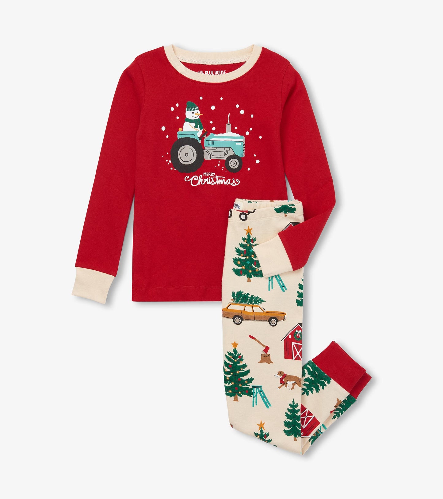 Red long-sleeve top with snowman graphic, paired with cream pants featuring Christmas tree and farm-themed patterns.
