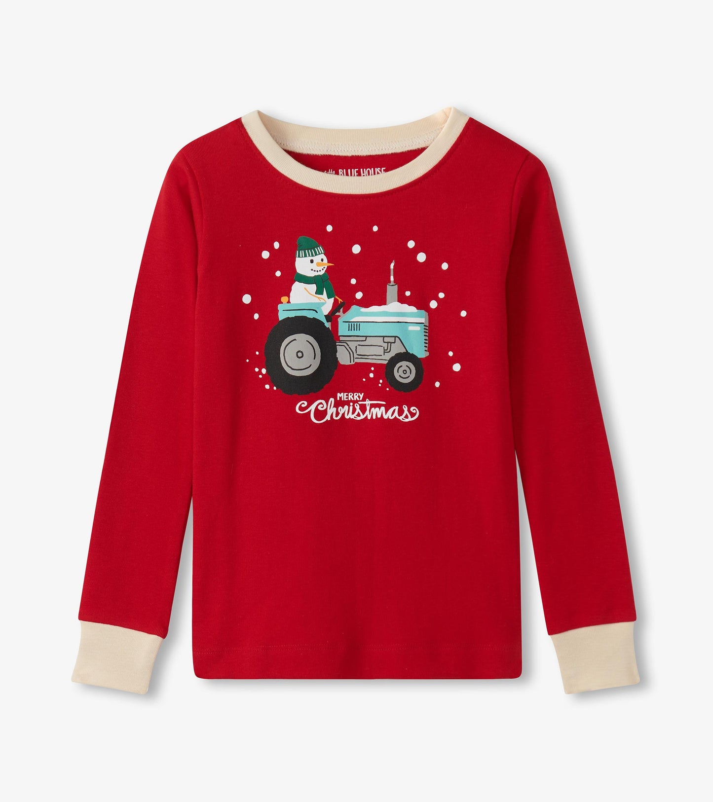 Red long-sleeve pajama top featuring a snowman on a tractor with "Merry Christmas" text, cream-colored cuffs.