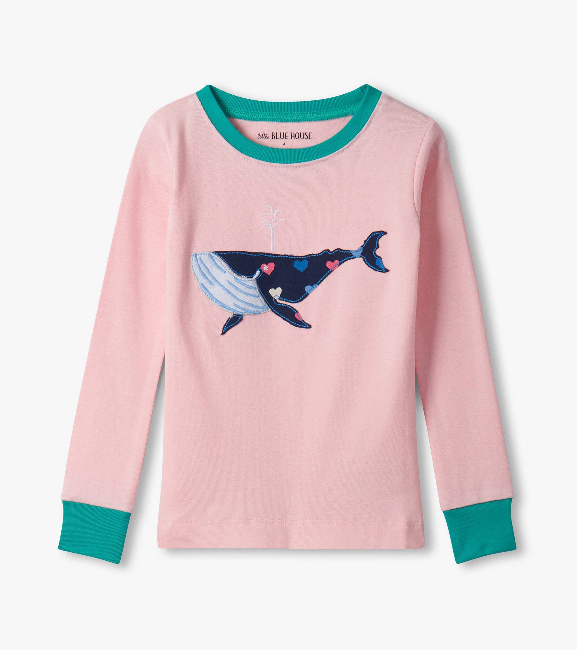 Pink long-sleeve kids pajama top with teal trim and a whale graphic on the front