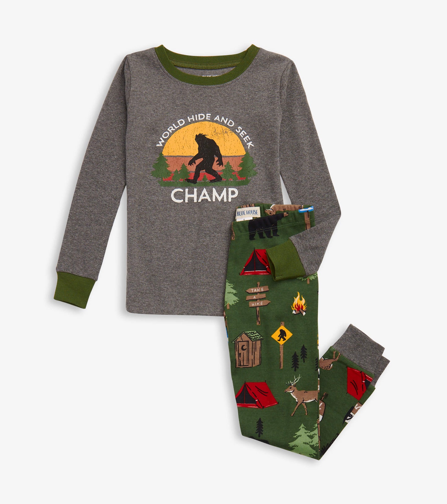 Gray long-sleeve top with "World Hide and Seek Champ" graphic, paired with green pajama pants featuring camping motifs.