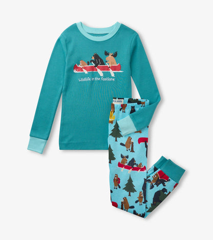 Blue kids pajama set with animal canoe graphic top and matching printed pants with trees and wildlife