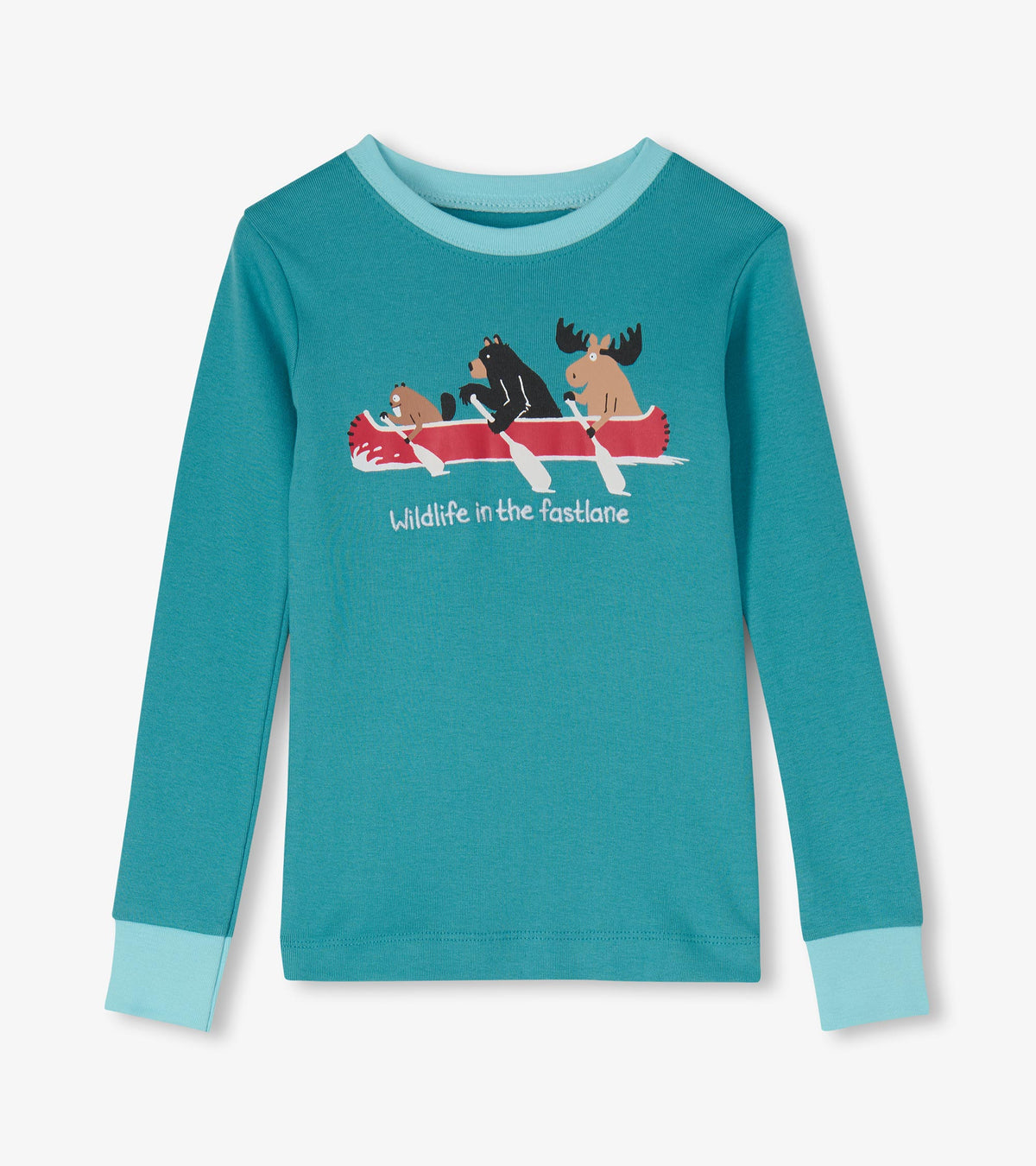 Blue kids pajama top with moose, bear, and beaver in a red canoe and light blue cuffs