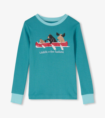 Blue kids pajama top with moose, bear, and beaver in a red canoe and light blue cuffs