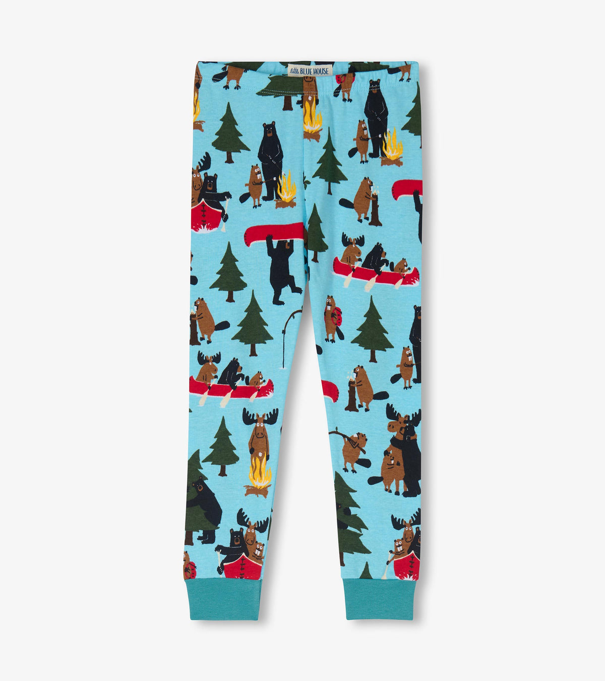 Blue kids pajama pants with wildlife print featuring trees, campfires, canoes, moose, bears, and beavers