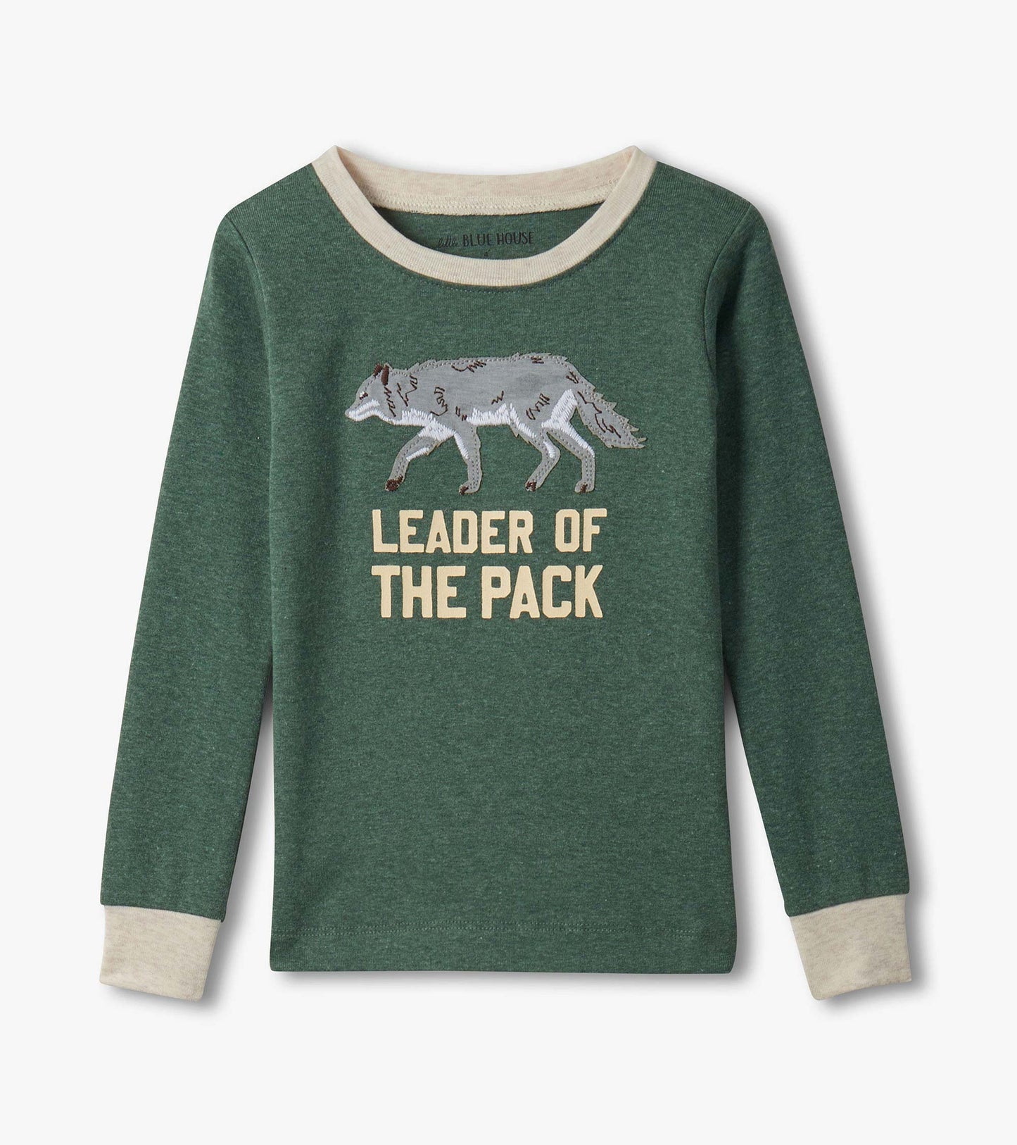 Green long-sleeve pajama top with cream trim and wolf graphic reading “Leader of the Pack”