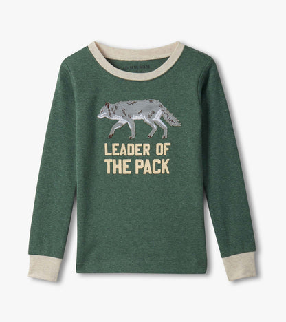 Green long-sleeve pajama top with cream trim and wolf graphic reading “Leader of the Pack”