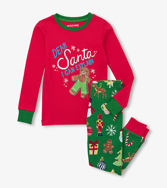 Kids pajama set with red Dear Santa gingerbread top and green holiday print pants
