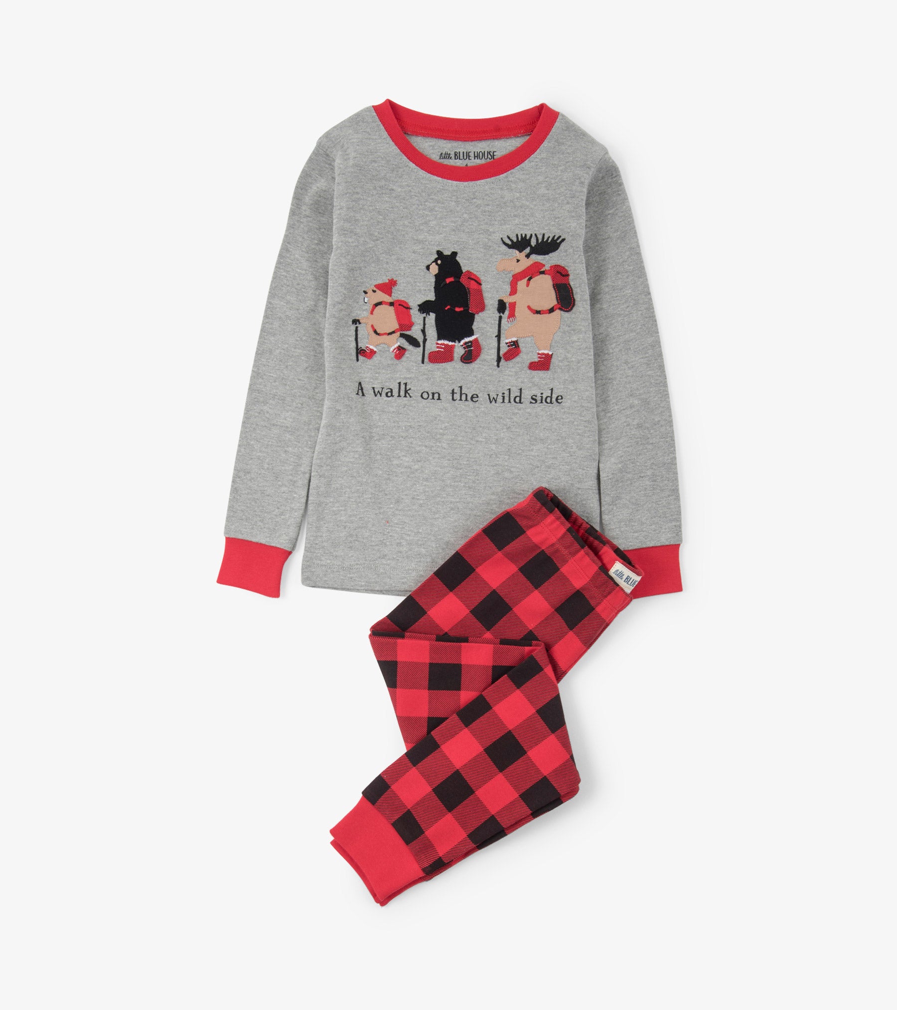 Gray long-sleeve pajama top with animal appliqués and red accents, paired with red and black checkered pajama pants.