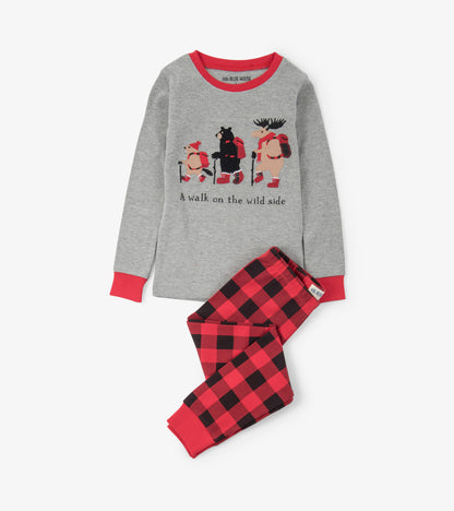 Gray long-sleeve pajama top with animal appliqués and red accents, paired with red and black checkered pajama pants.