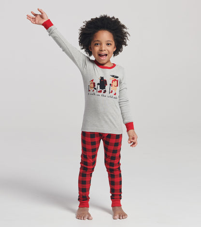 Gray long-sleeve top with red accents and playful animal appliqués, paired with red and black plaid pajama pants.