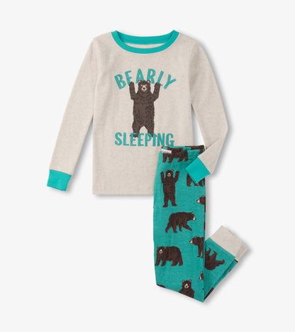 Light gray long-sleeve top with "Bearly Sleeping" text and turquoise pajama pants featuring black bear patterns.