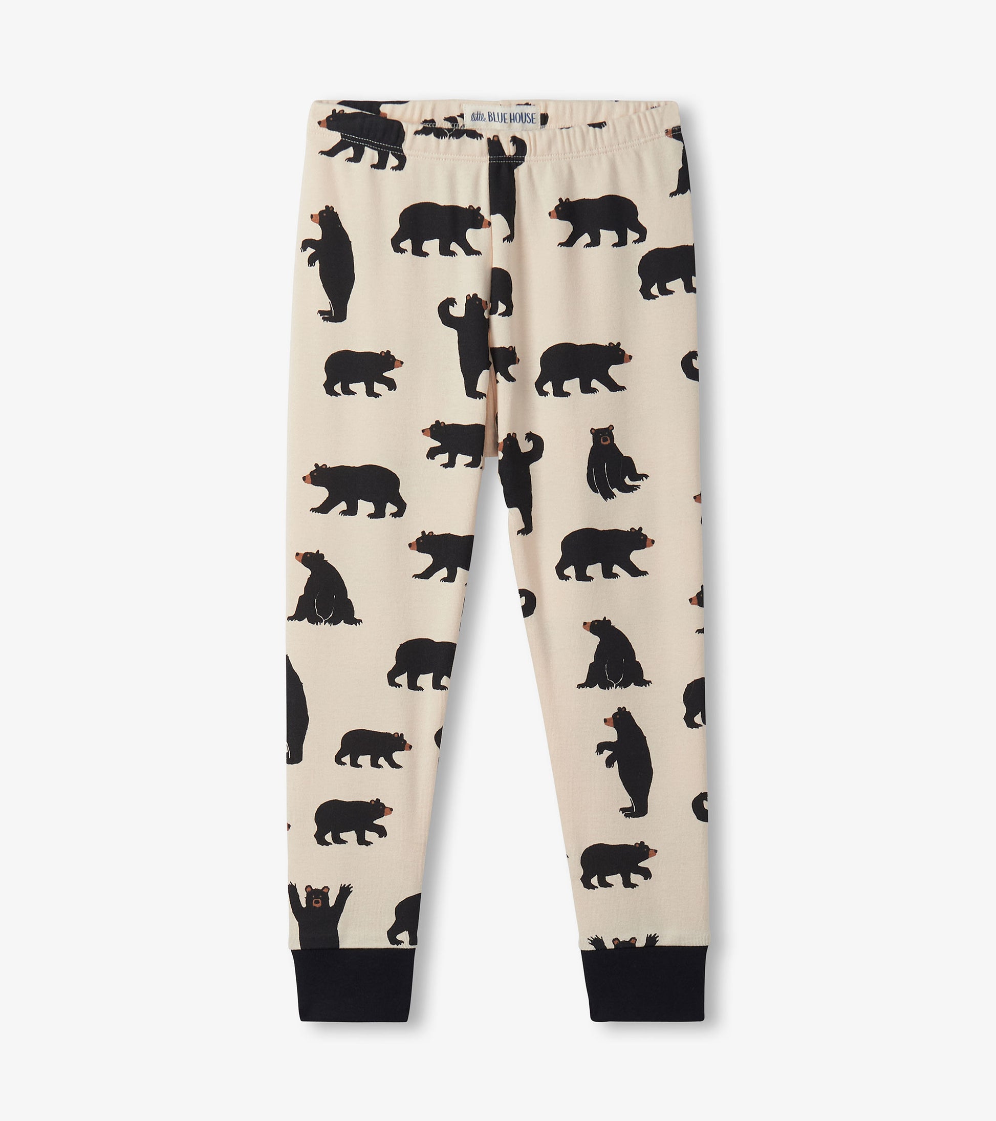 Beige pajama pants featuring a playful black bear pattern and black cuffs, ideal for cozy sleepwear.