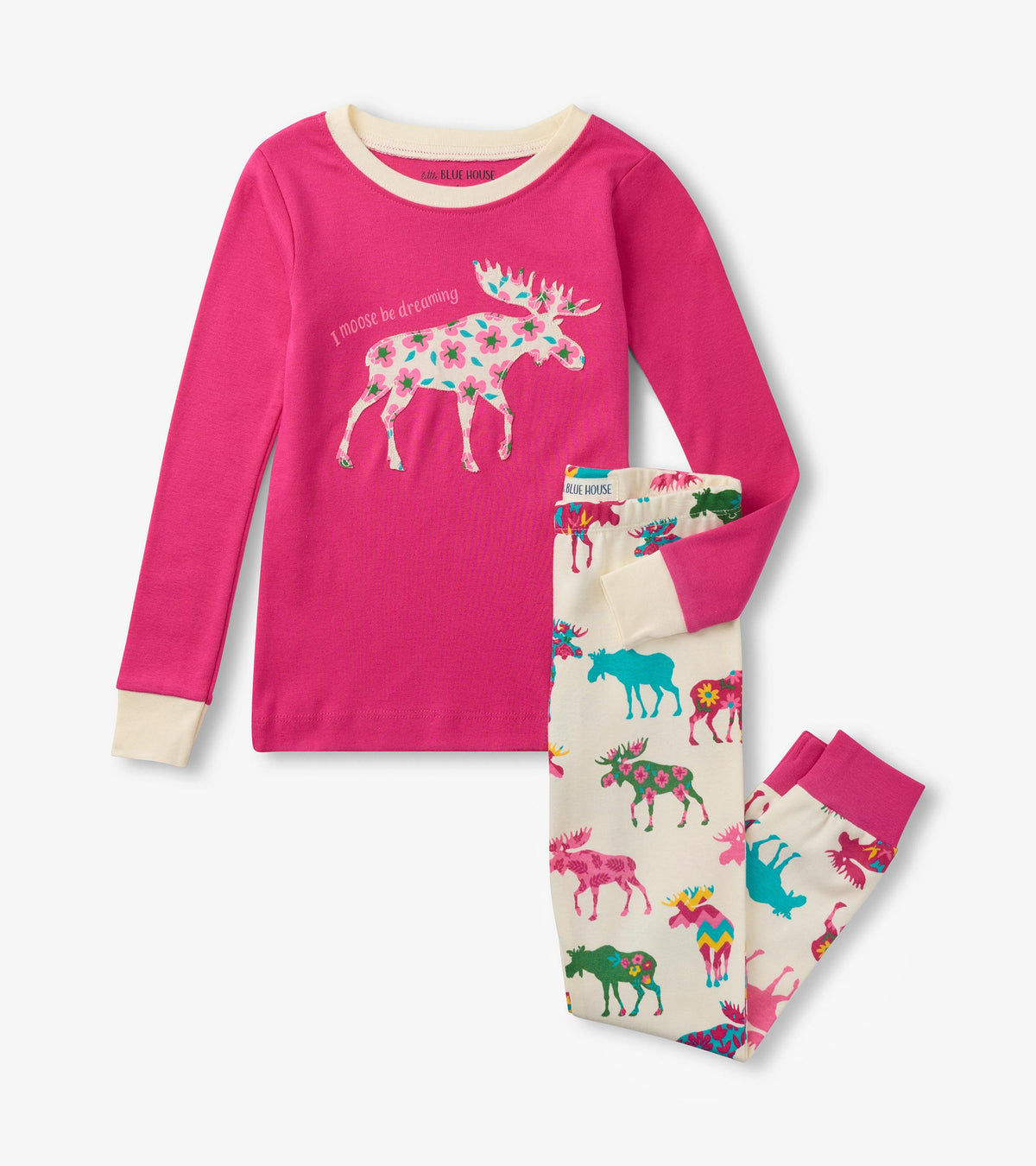 Kids pajama set with pink long sleeve top, floral moose applique, and cream moose print pants