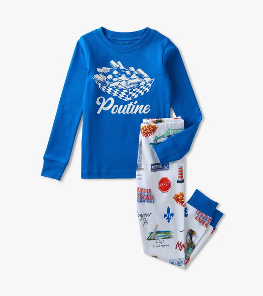Kids pajama set with blue long-sleeve Poutine graphic top and white printed pants with blue cuffs