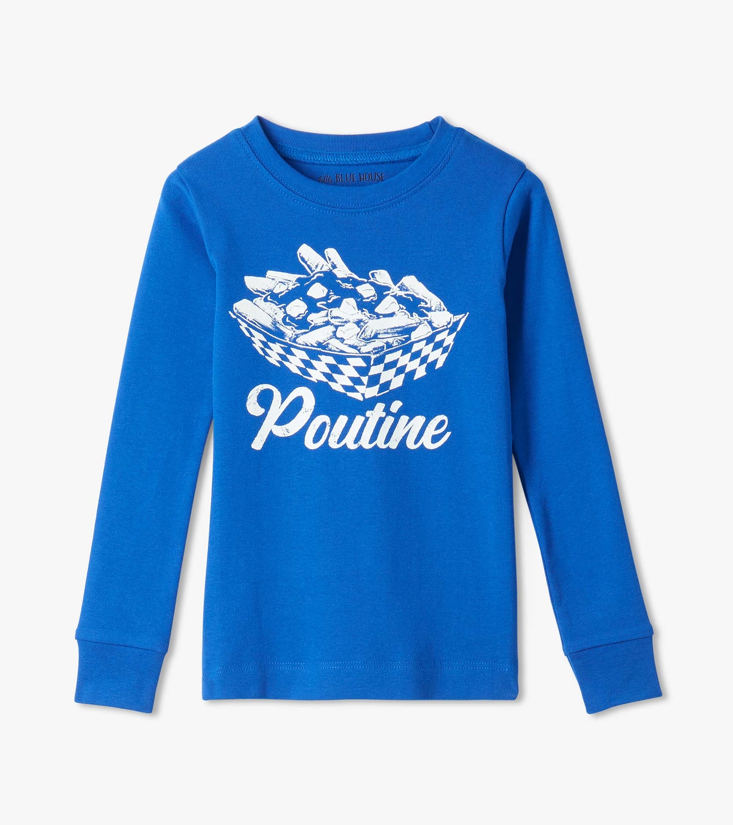 Blue long-sleeve pajama top with white poutine basket graphic and Poutine text on front