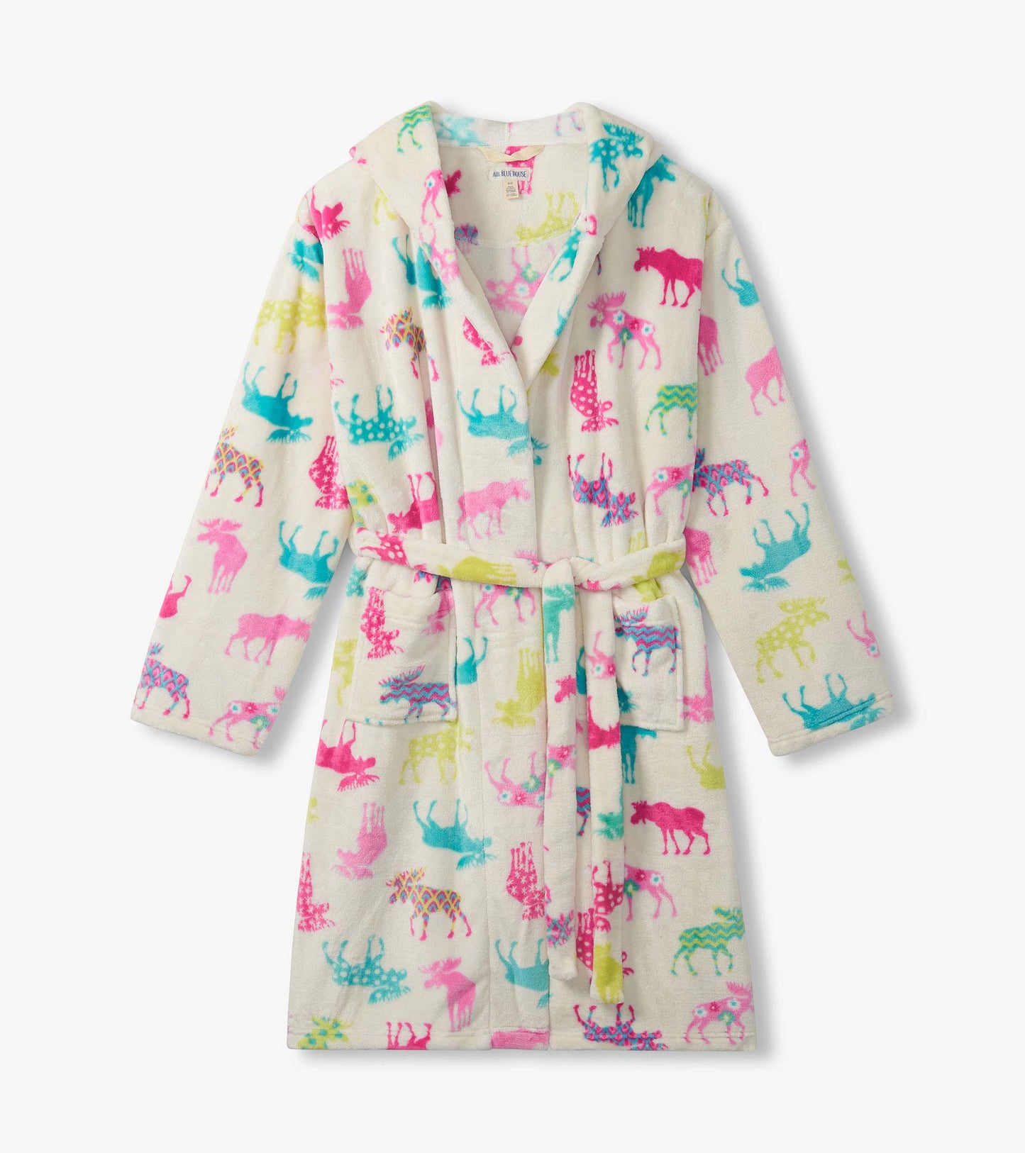 Cream fleece robe with colorful moose print, hood, tie belt, and front pockets, front view