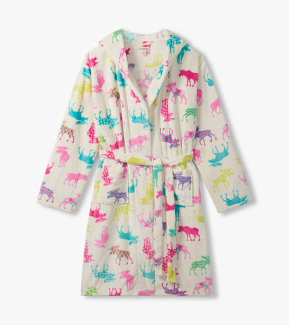Cream fleece robe with colorful moose print, hood, tie belt, and front pockets, front view