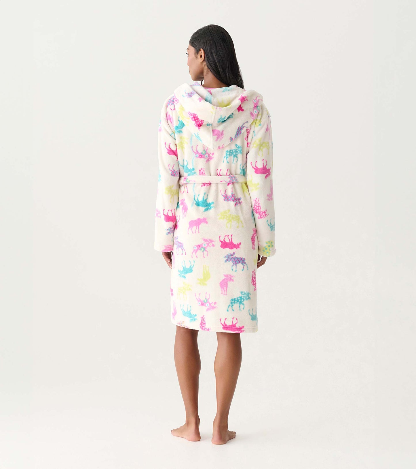 Back view of a white fleece hooded robe with colorful moose print and waist tie