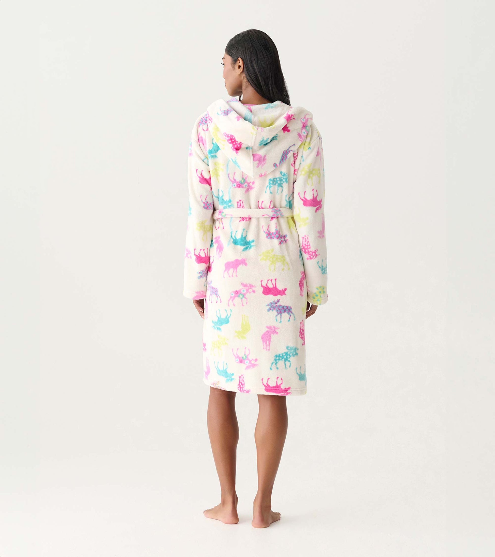 Back view of a white fleece hooded robe with colorful moose print and waist tie