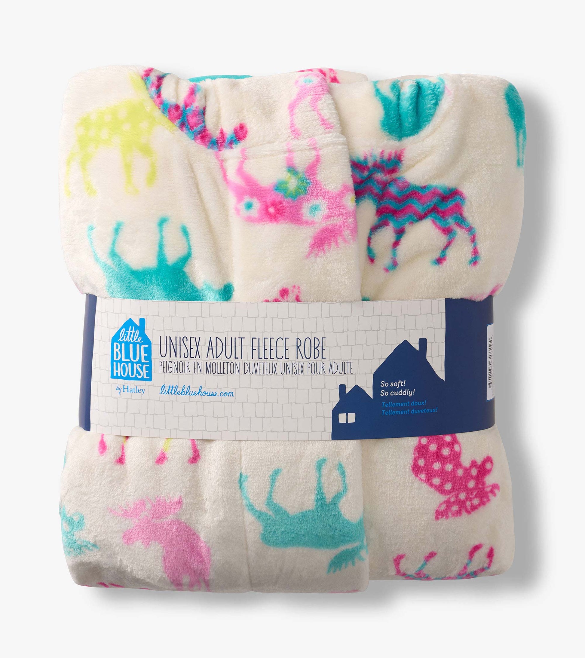 Folded cream fleece robe with colorful moose pattern and paper belly band packaging