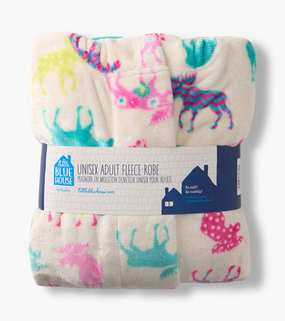 Folded cream fleece robe with colorful moose pattern and paper belly band packaging