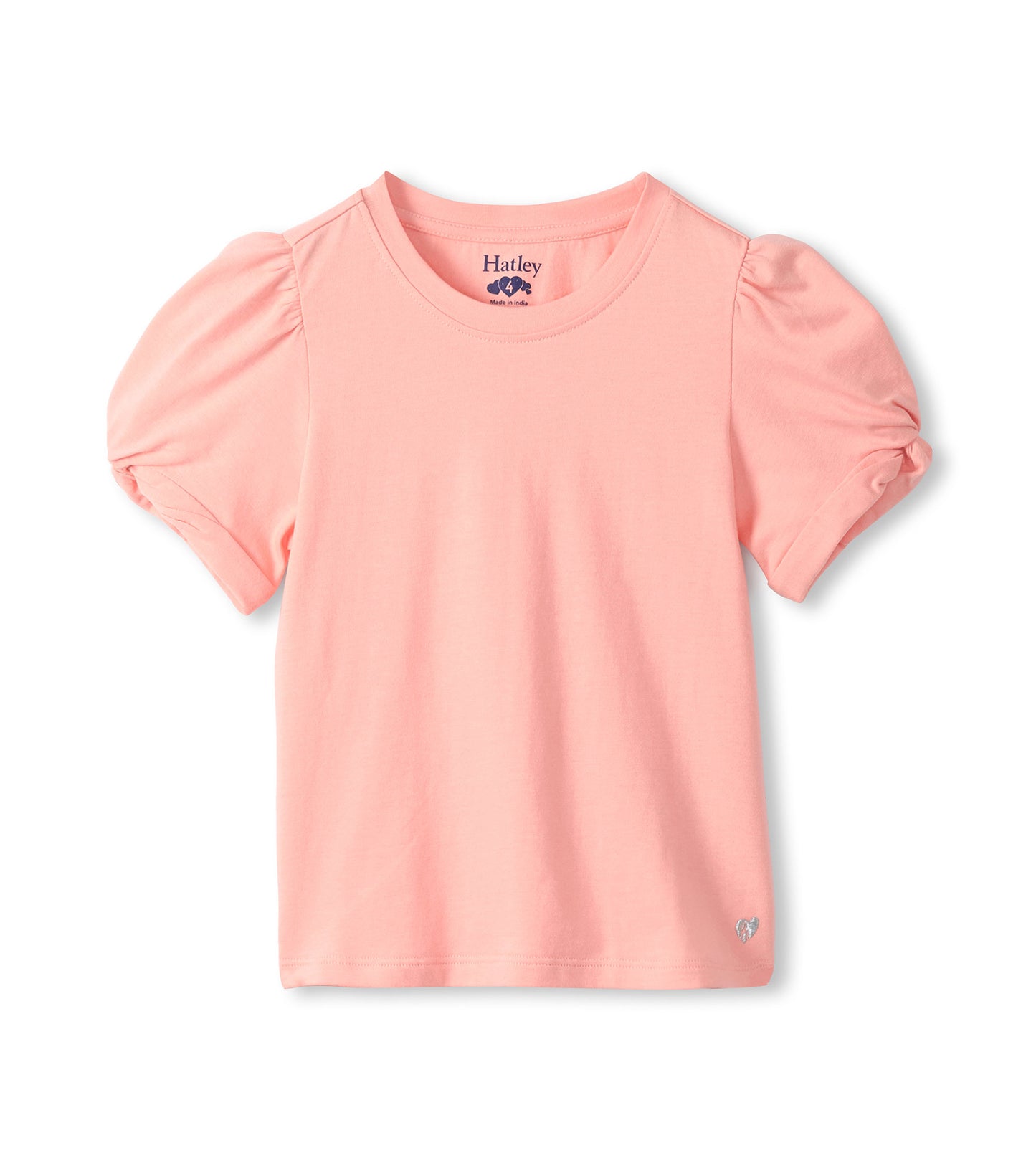 Front view of girls apricot blush T-shirt with puff sleeves, twisted cuffs and small heart detail near hem