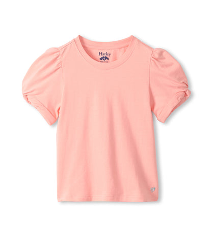 Front view of girls apricot blush T-shirt with puff sleeves, twisted cuffs and small heart detail near hem