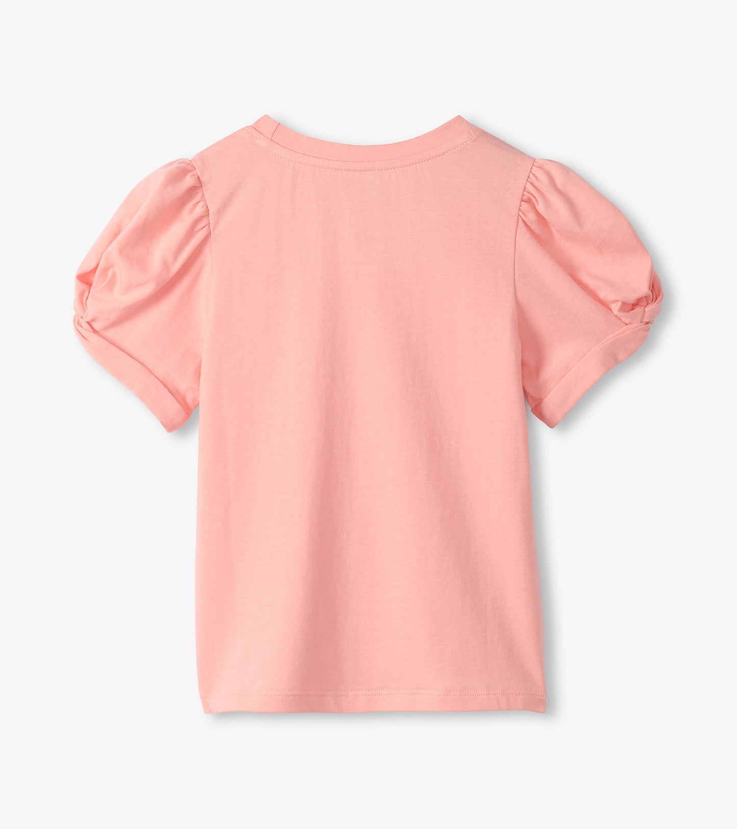 Back view of girls apricot blush T-shirt with puff sleeves and twisted cuffs