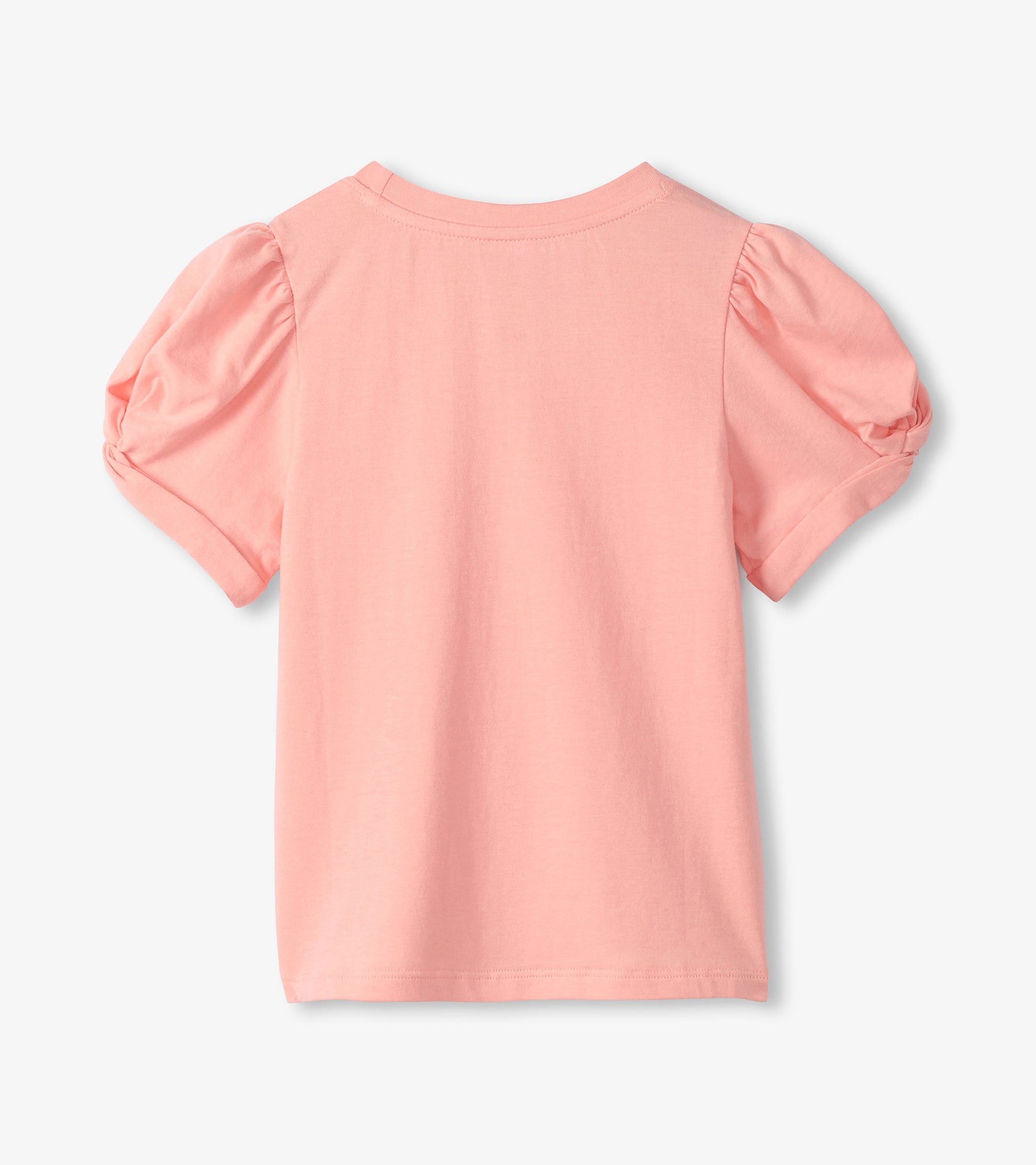 Back view of girls apricot blush T-shirt with puff sleeves and twisted cuffs