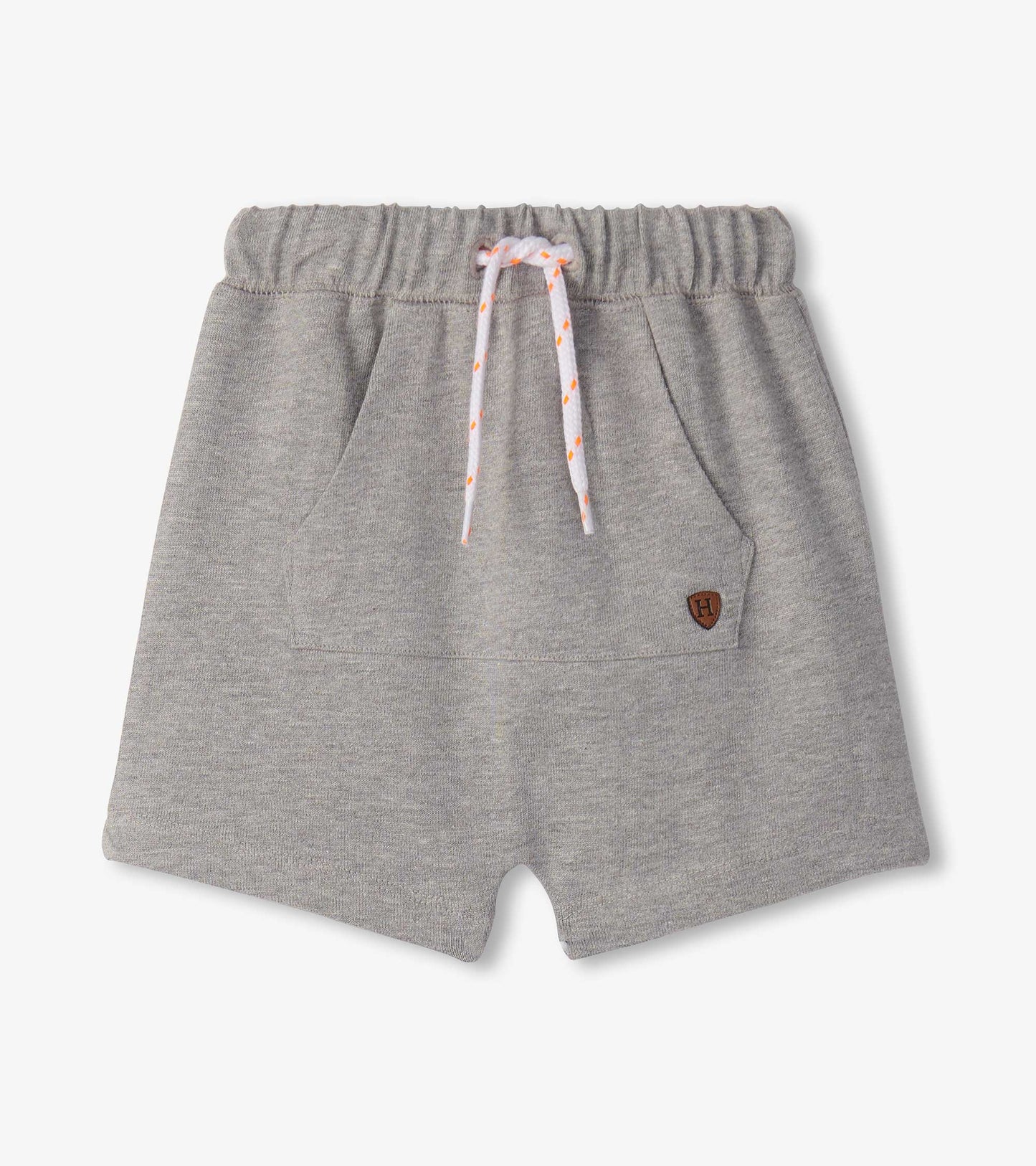 Grey knit toddler shorts with elastic waistband, drawstring, and front pocket patch, front view