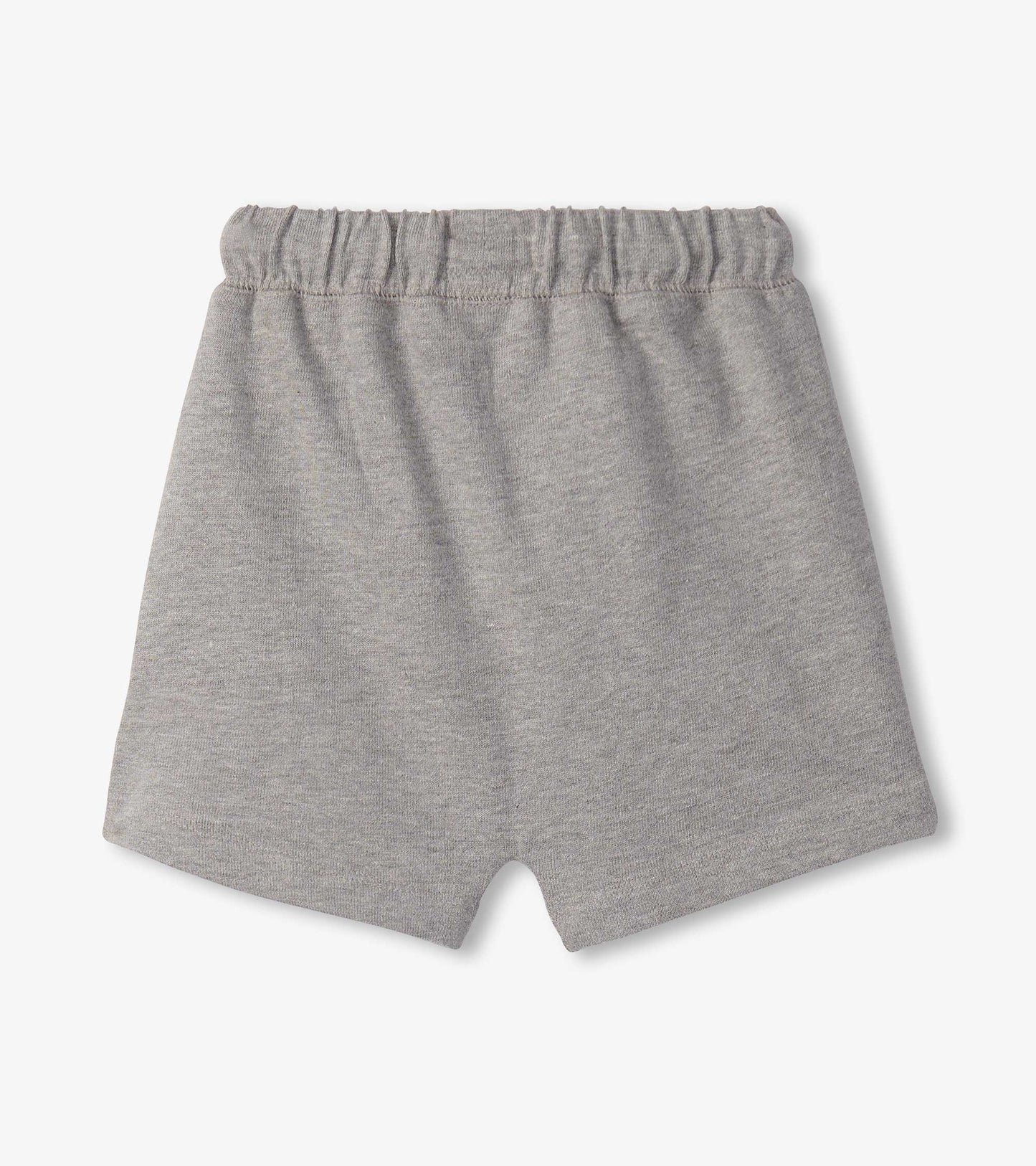 Grey knit toddler shorts with elastic waistband, front view