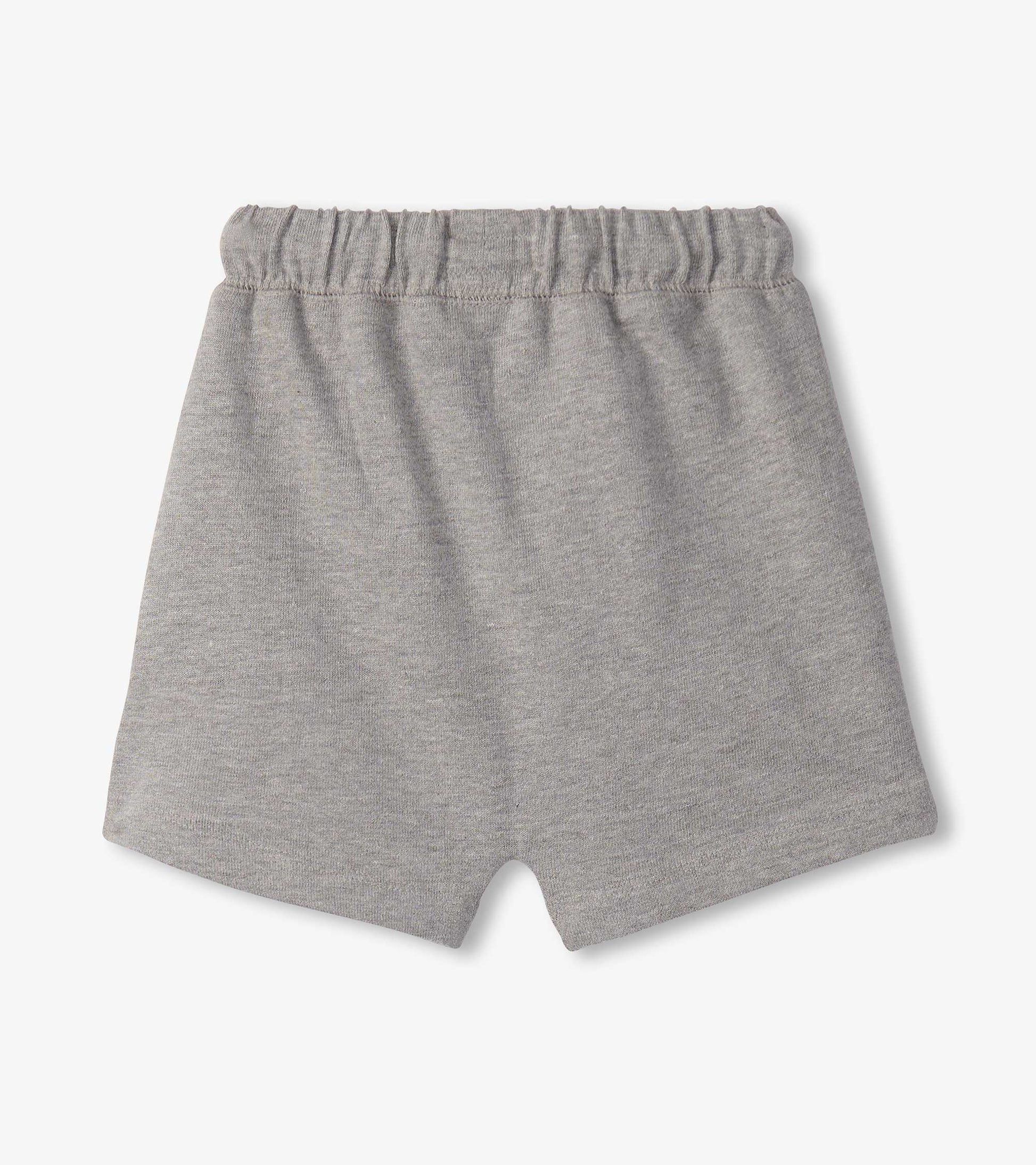 Grey knit toddler shorts with elastic waistband, front view